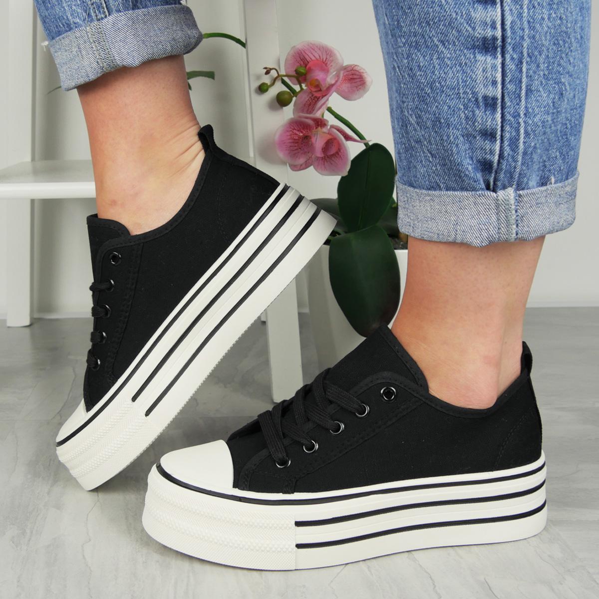 Ladies Platform Trainers Comfy Heel Canvas Gym Shoes
