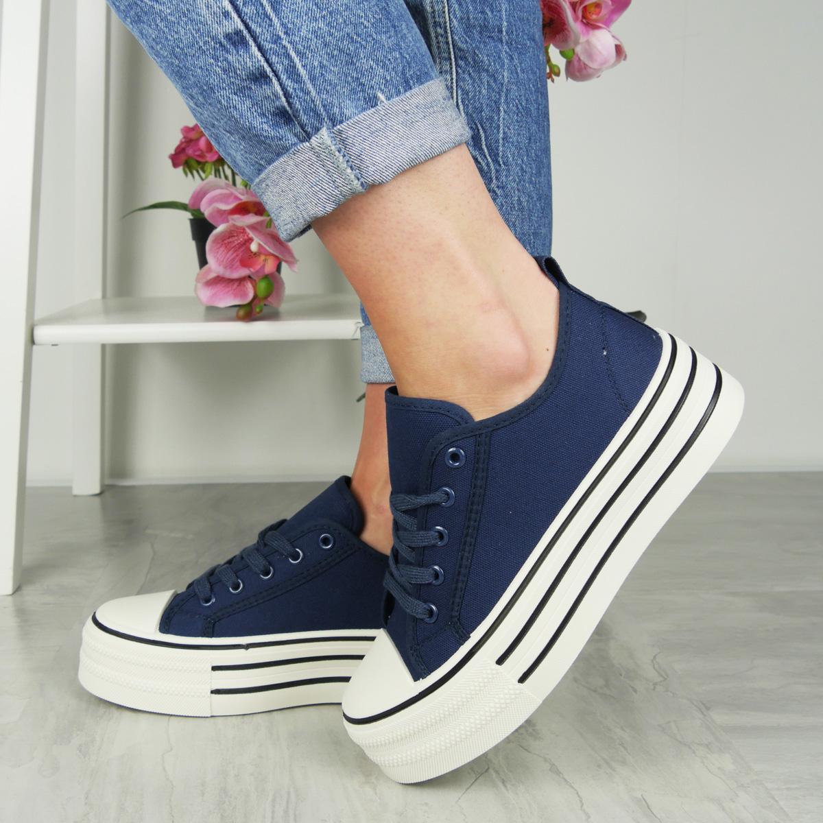 Ladies Platform Trainers Comfy Heel Canvas Gym Shoes