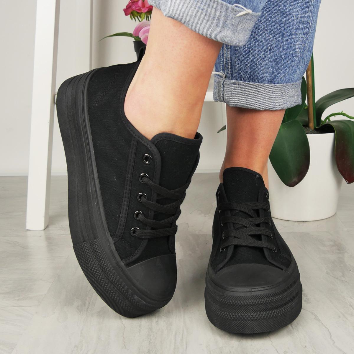 Ladies Platform Trainers Comfy Heel Canvas Gym Shoes