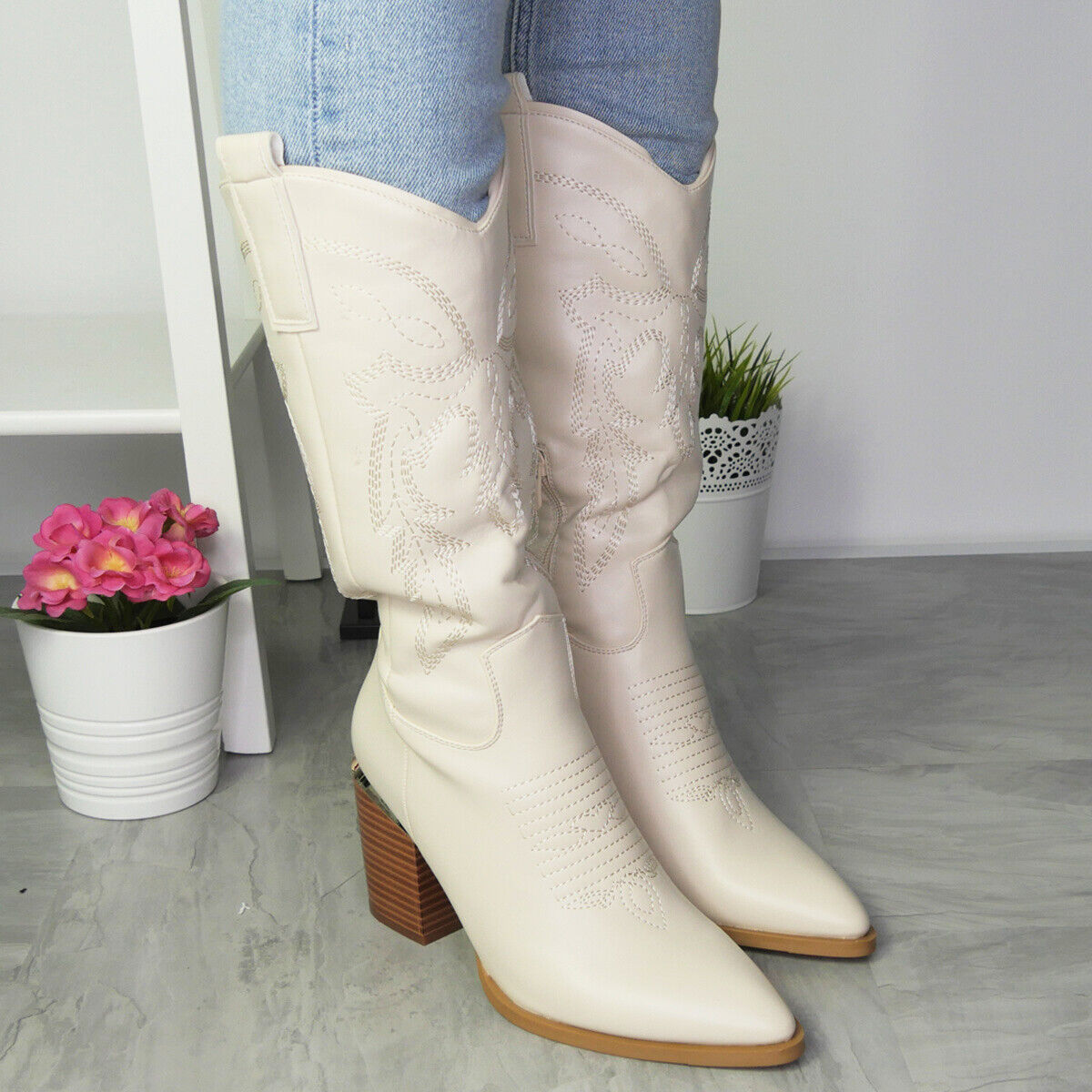 ZOORA Beige Cowboy Western Mid Calf Zip Heel Boots