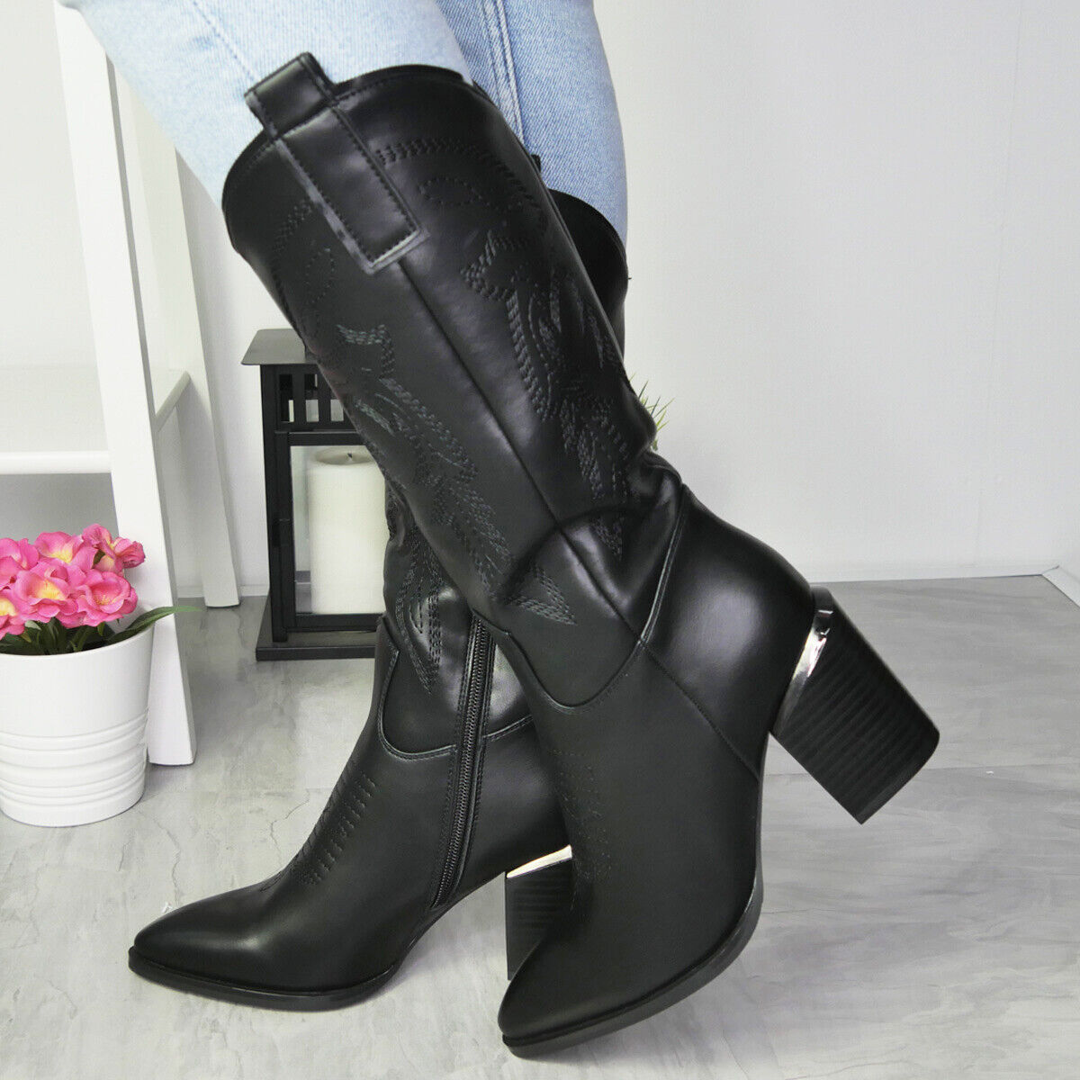 ZOORA Black Cowboy Western Mid Calf Zip Heel Boots