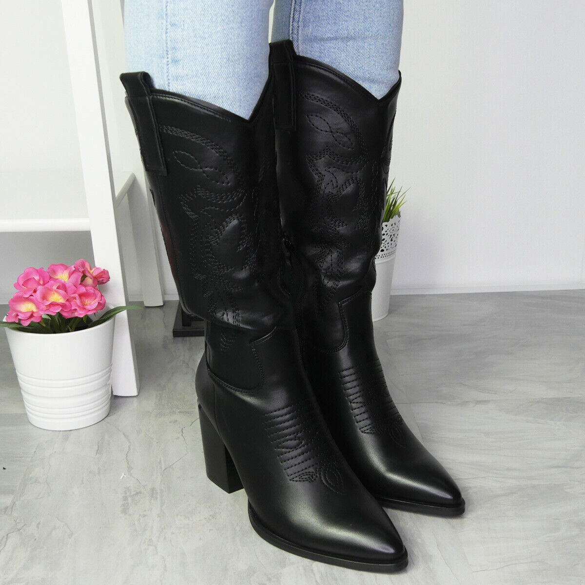 ZOORA Black Cowboy Western Mid Calf Zip Heel Boots