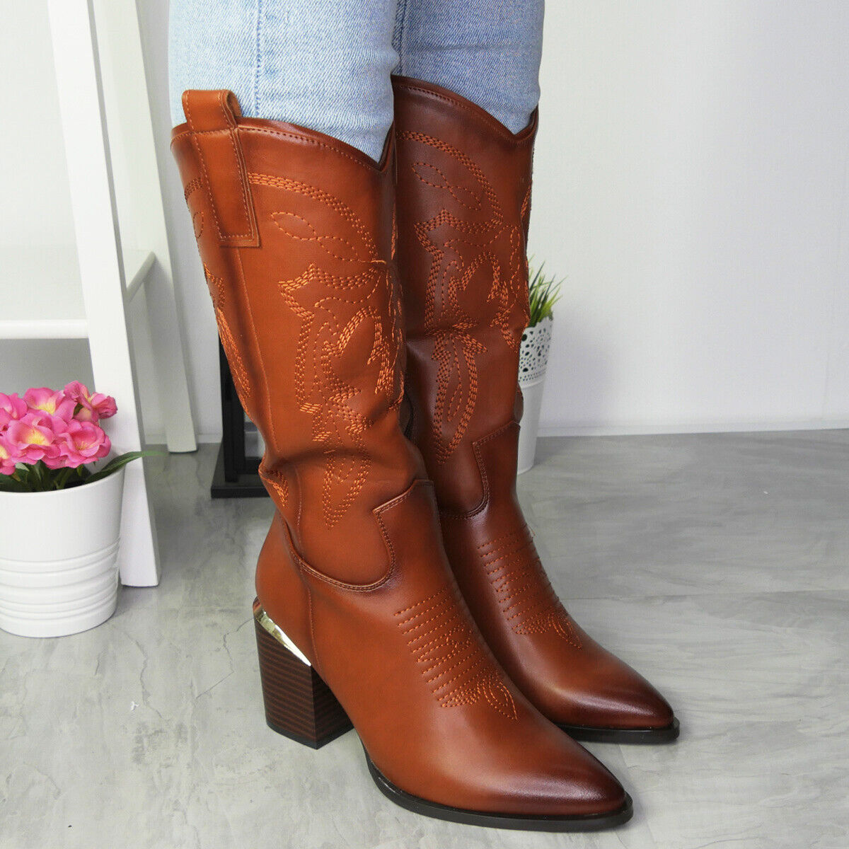 ZOORA Camel Cowboy Western Mid Calf Zip Heel Boots