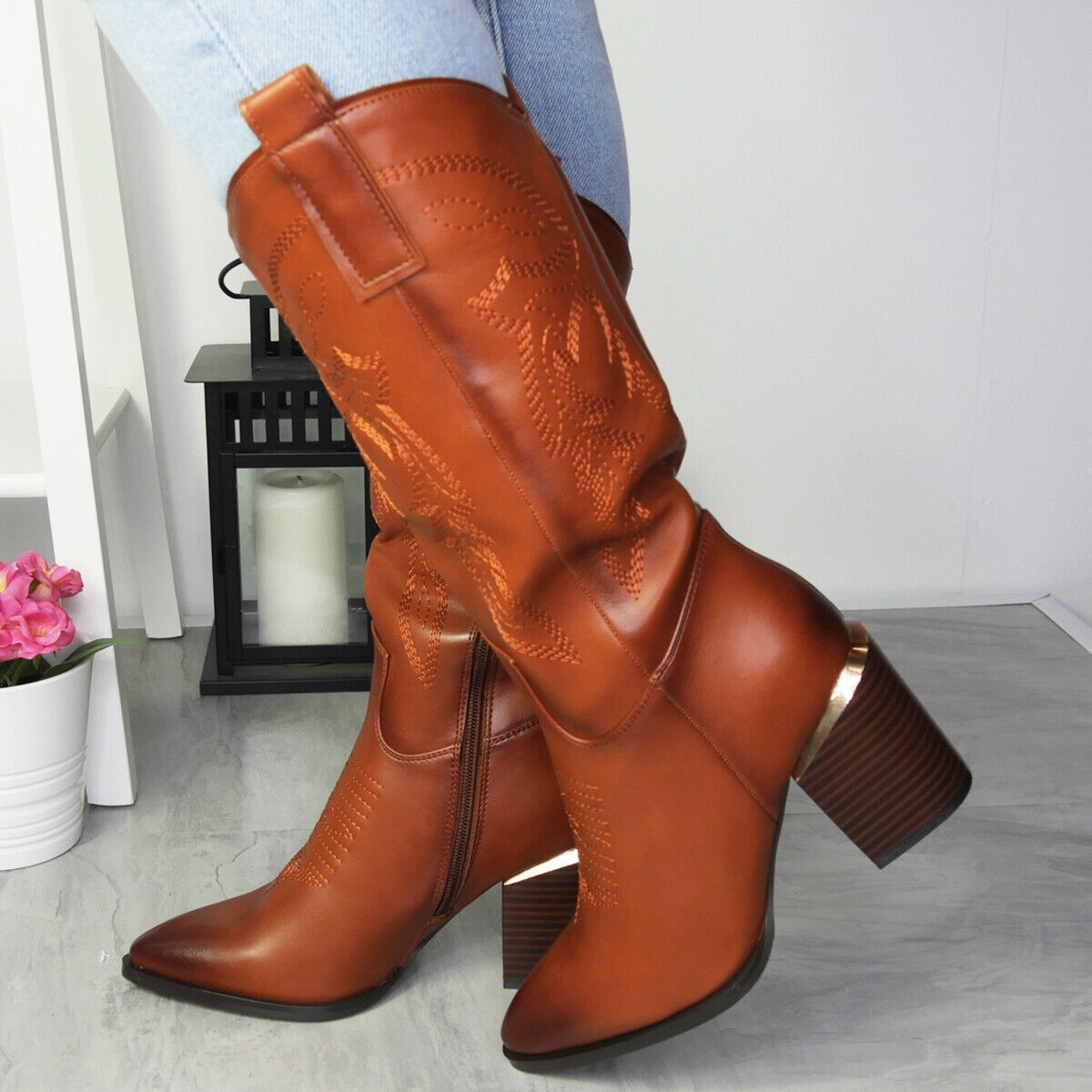 ZOORA Camel Cowboy Western Mid Calf Zip Heel Boots