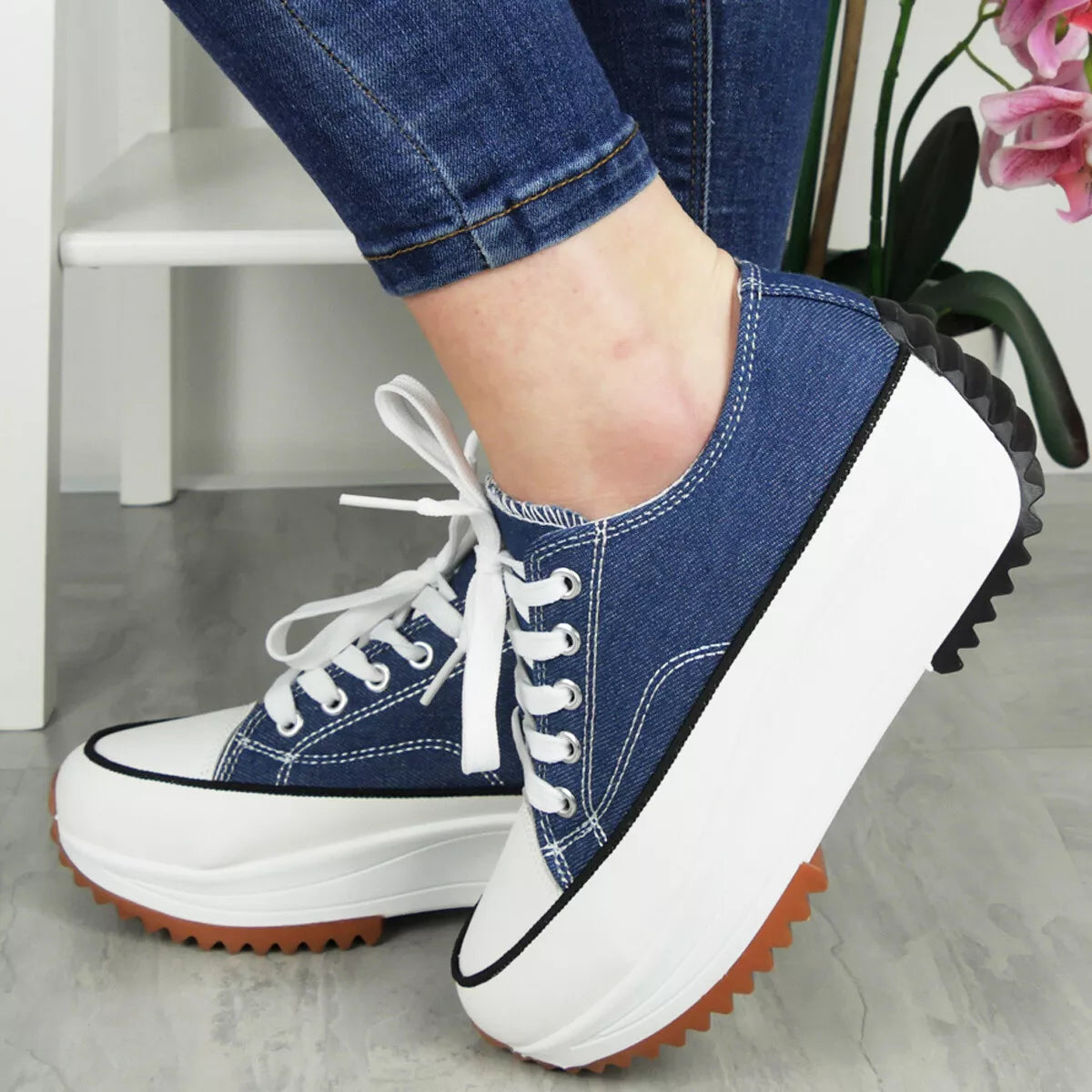 VIOLA Blue Jean Canvas Platform Lace Up Sneakers Shoes