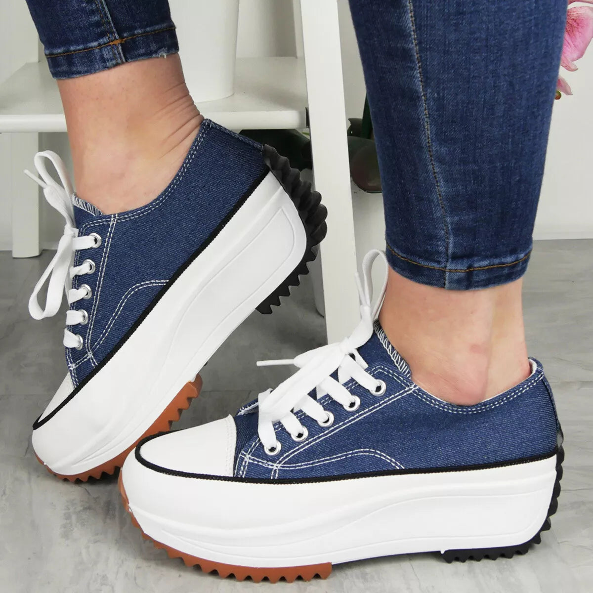 VIOLA Blue Jean Canvas Platform Lace Up Sneakers Shoes