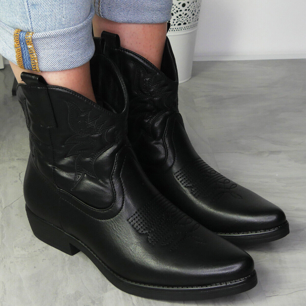 SANDRY Black Cowboy Ankle Metallic Western Shoes
