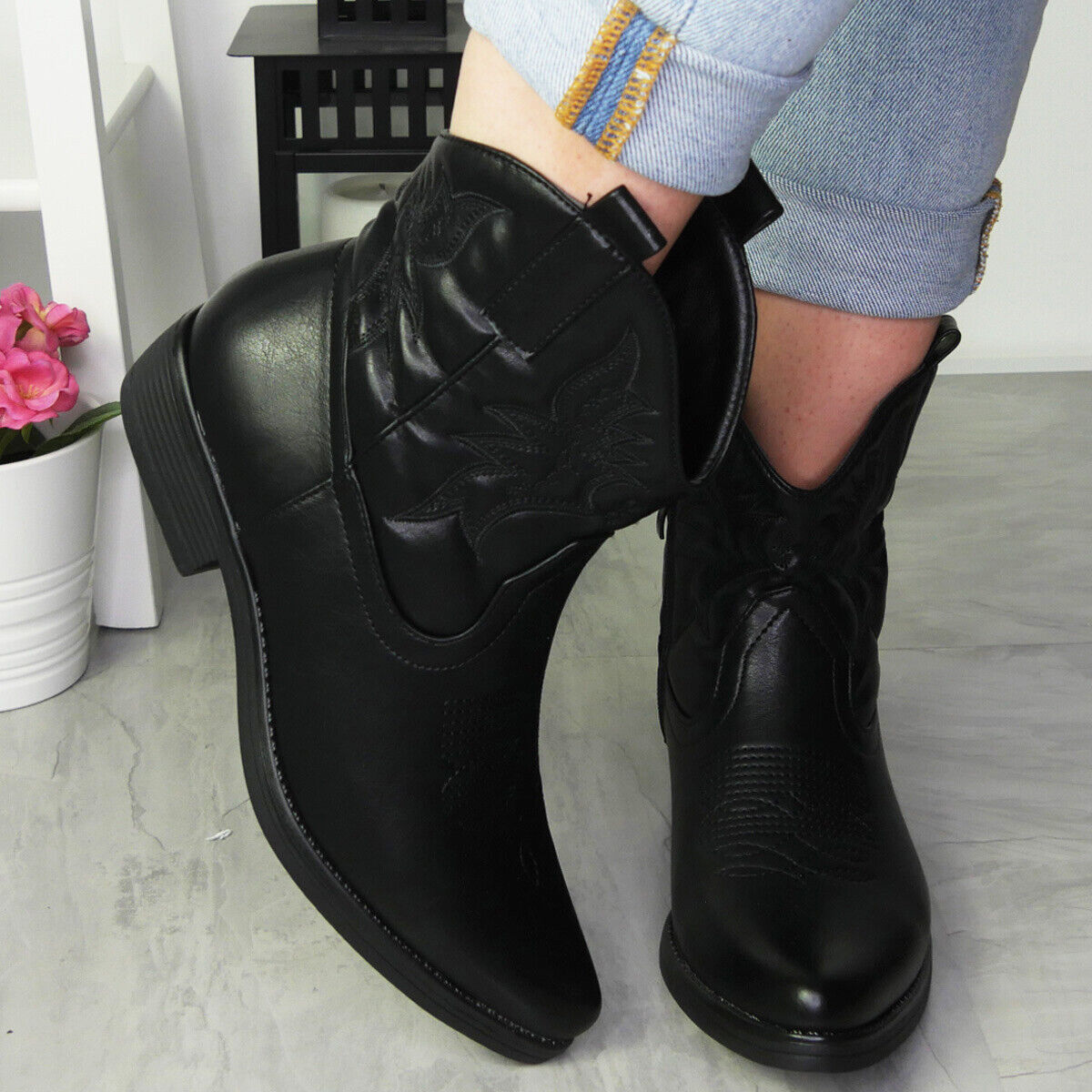 SANDRY Black Cowboy Ankle Metallic Western Shoes