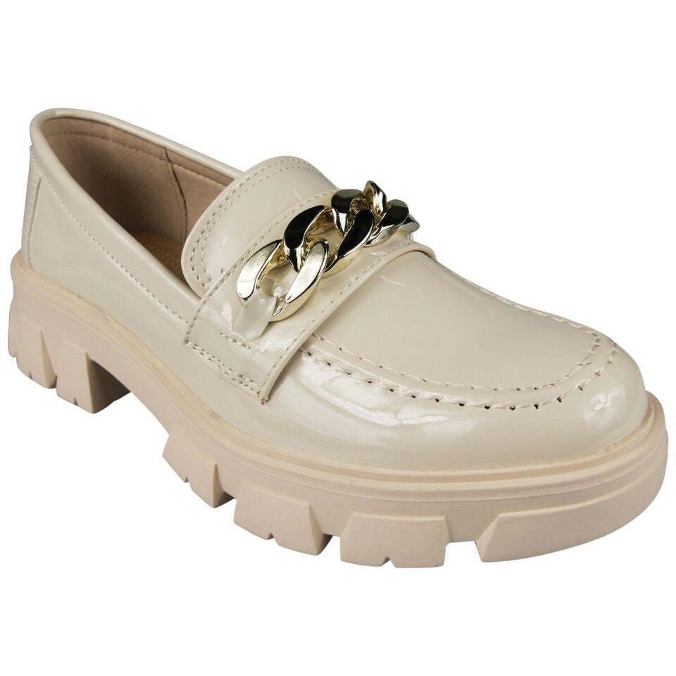 CORALINE Beige Pat Loafers Heel Comfy Slip Shoes