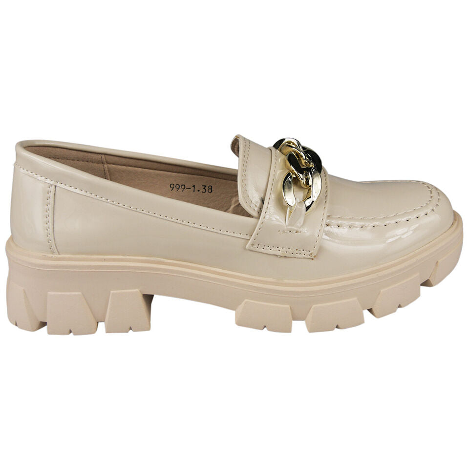 CORALINE Beige Pat Loafers Heel Comfy Slip Shoes