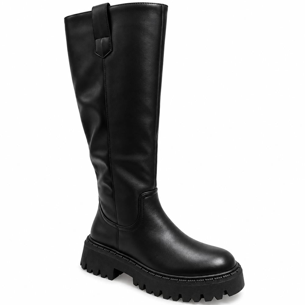 Women’s Ruched Knee High Chunky Sole Biker Riding Boots