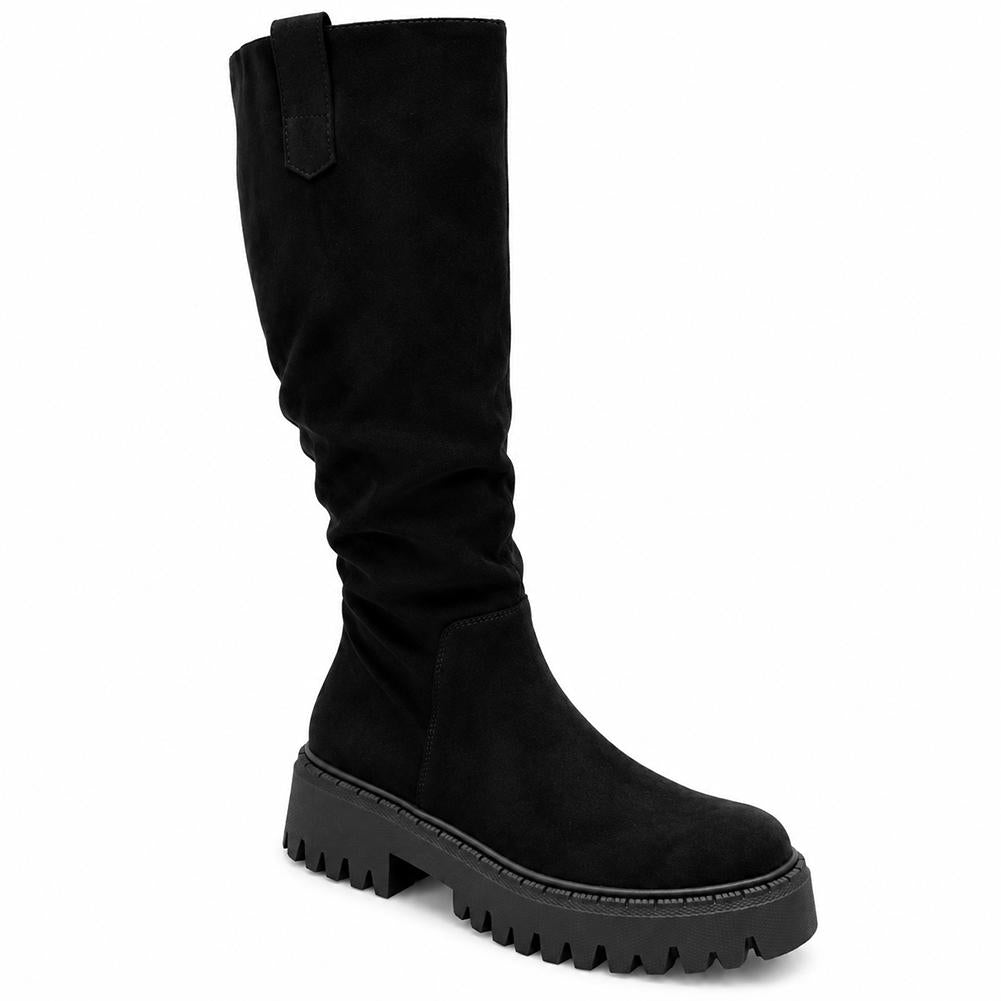 Women’s Ruched Knee High Chunky Sole Biker Riding Boots