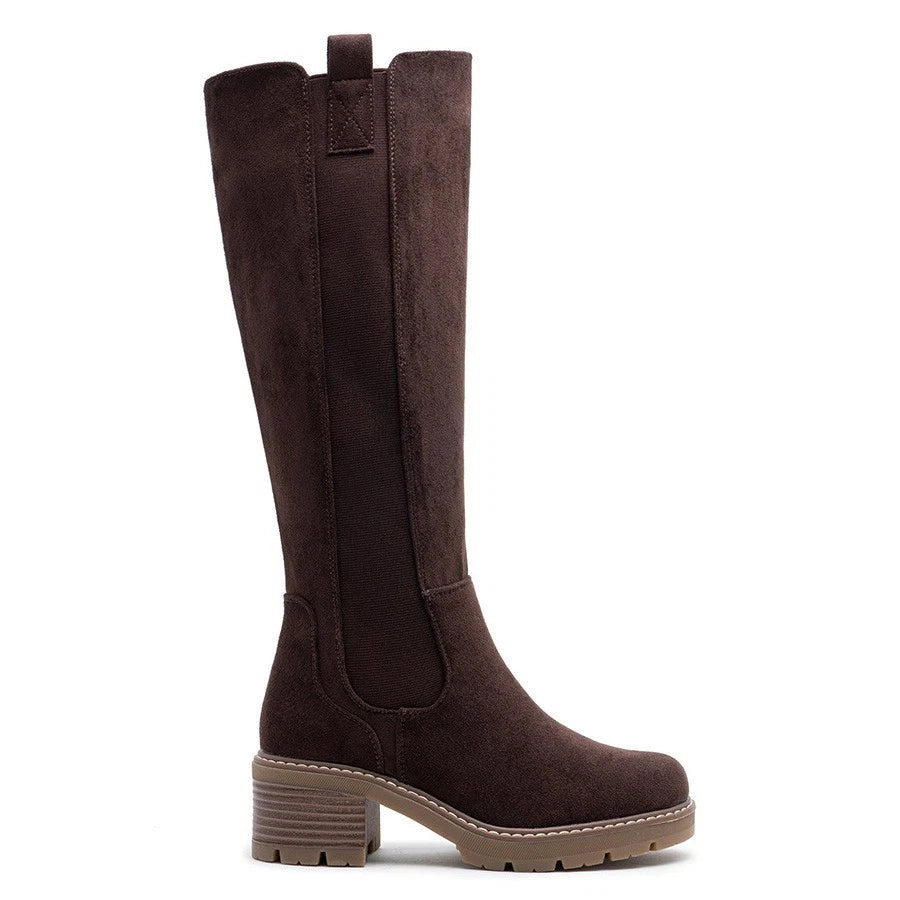 TALIA Brown Mid Cald Faux Suede Comfy Chunky Heel Boots