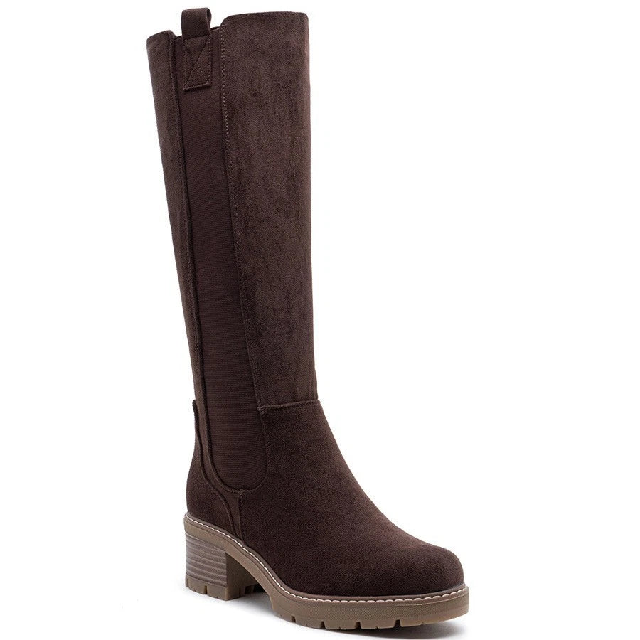 TALIA Brown Mid Cald Faux Suede Comfy Chunky Heel Boots