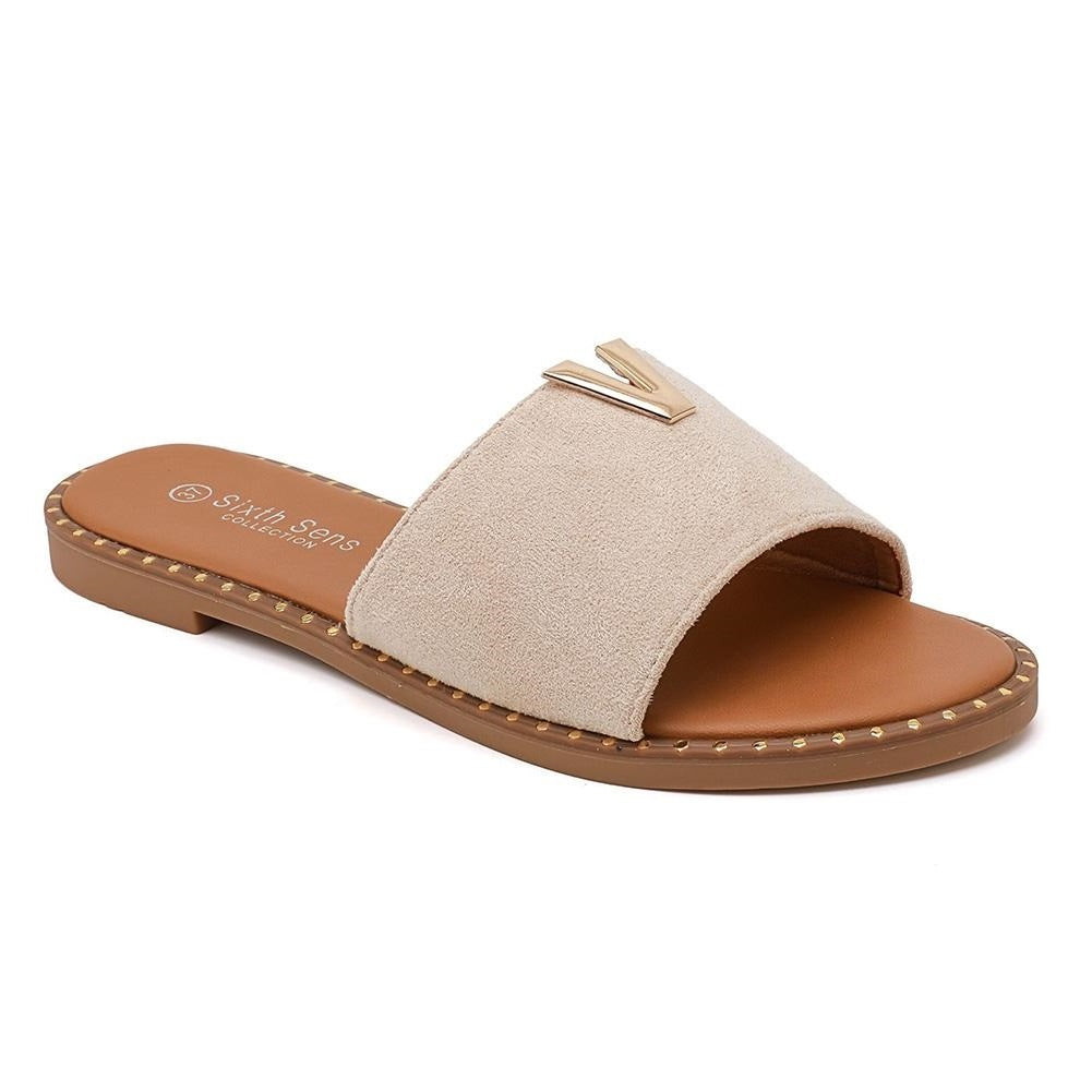 BRITNY Beige Sliders Flat Open toes Slip On Shoes
