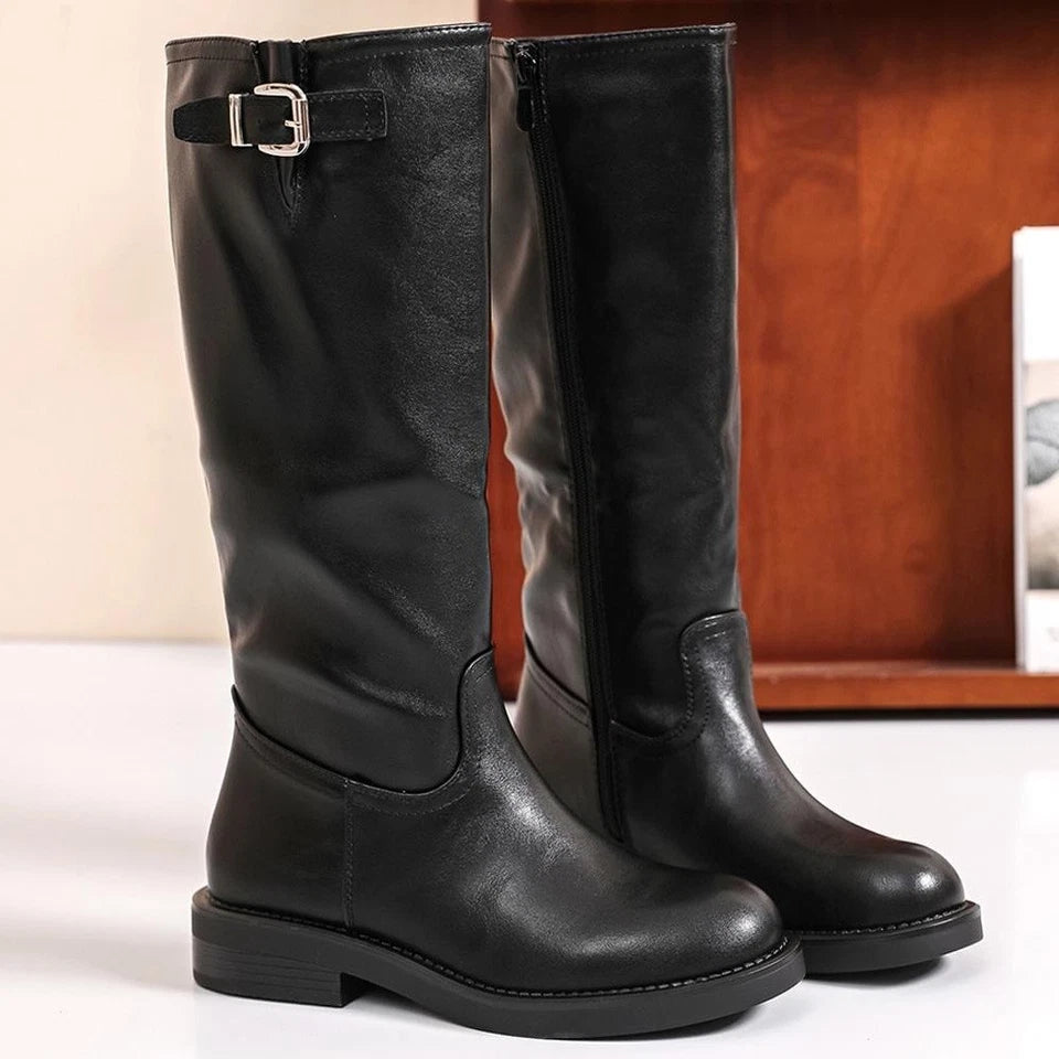 Ladies Mid Claf Boots Comfy Faux Leather Elastic Zip Womens Casual Warm Lined Winter Shoes