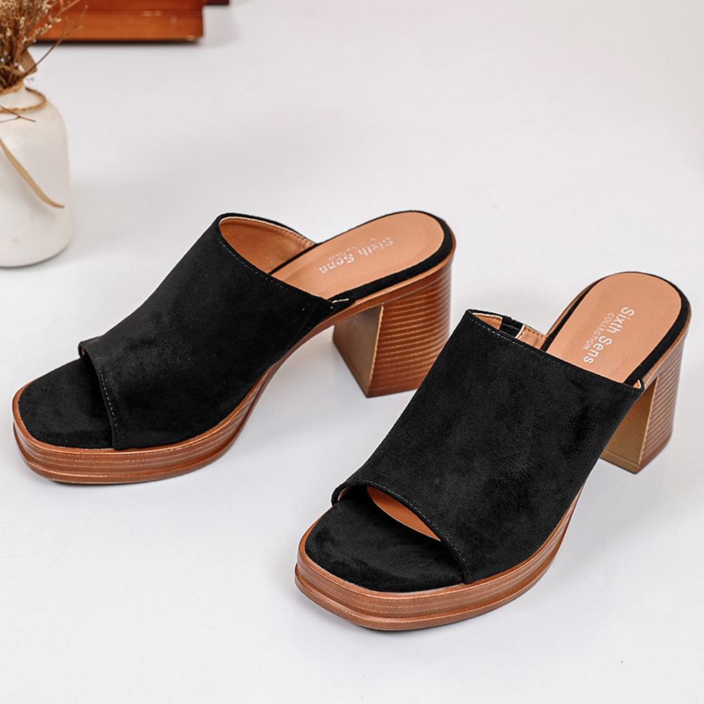 MARGOT Black Slip On Open Toe Mid Heel Beach Sliders