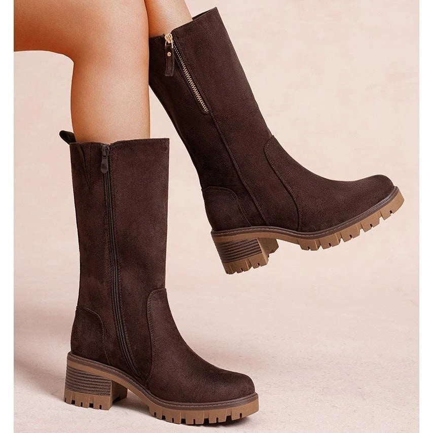 LoudLook Ladies Mid Calf Faux Suede Boots – Chunky Heel, Side Zip, Comfy Casual Winter Grip Shoes, Sizes 3‑8