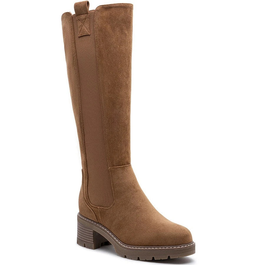 TALIA Camel Mid Cald Faux Suede Comfy Chunky Heel Boots