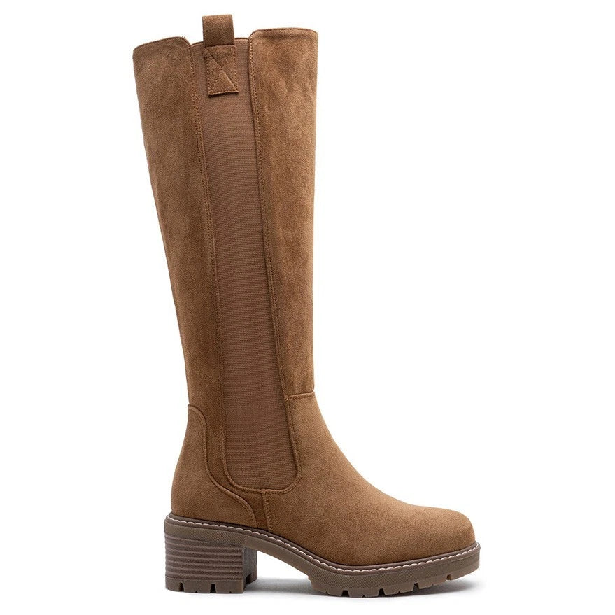 TALIA Camel Mid Cald Faux Suede Comfy Chunky Heel Boots