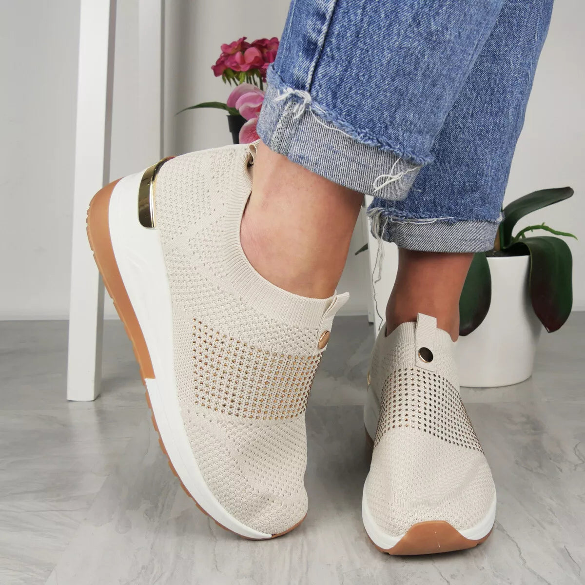 ELISABETTA Beige Slip On Comfy Gym Sneakers