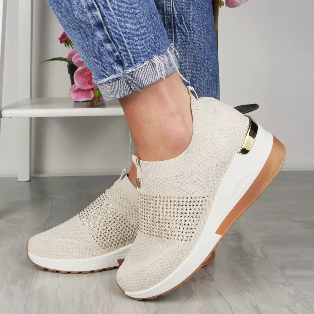 ELISABETTA Beige Slip On Comfy Gym Sneakers