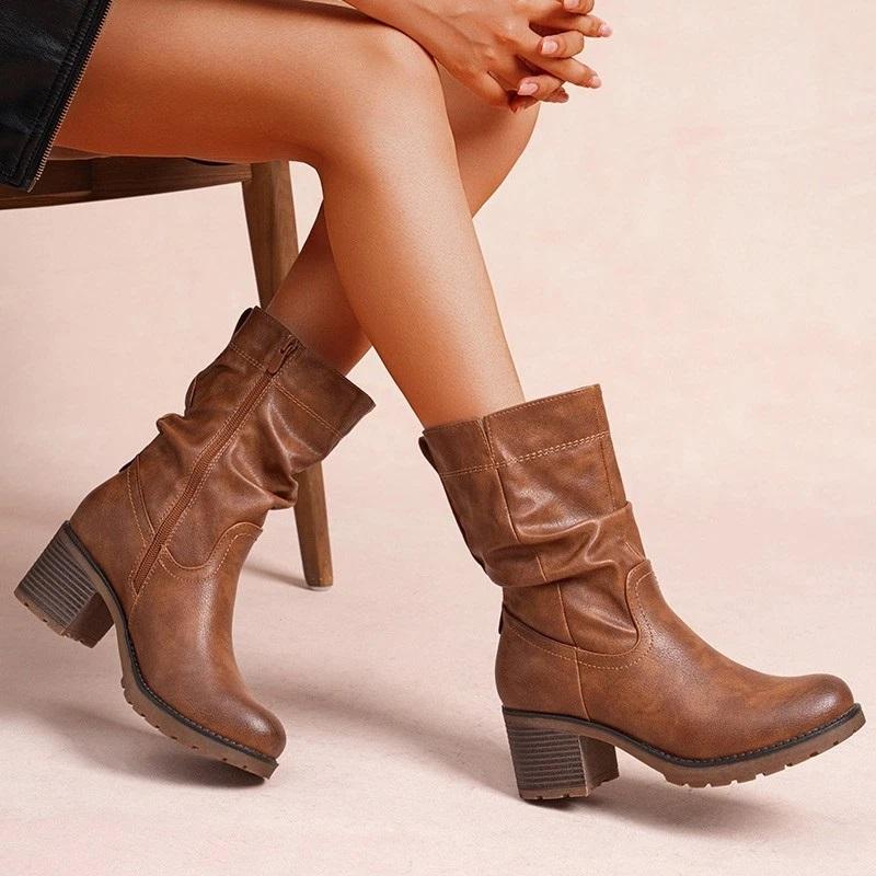 Women's Ruched Ankle Boots Ladies Mid-Calf Comfort Shoes with Low Mid Block Heel