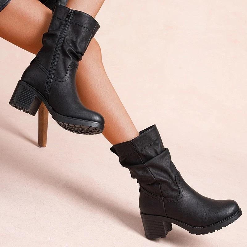 Women's Ruched Ankle Boots Ladies Mid-Calf Comfort Shoes with Low Mid Block Heel