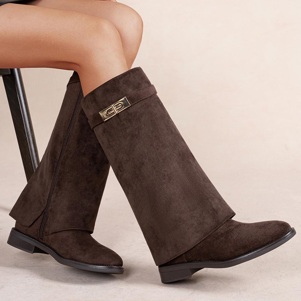 Ladies Low Heel Suede Fold Over Boots | Casual Winter Riding Shoes