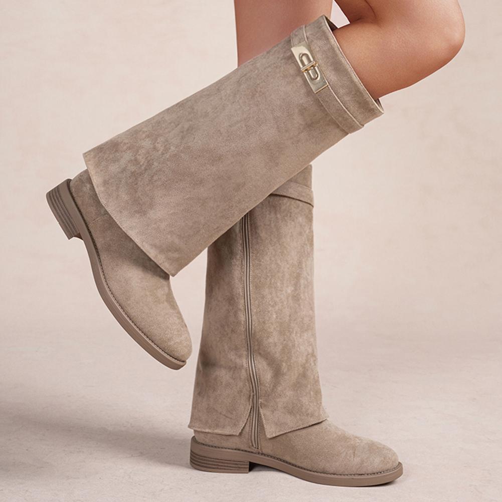 Ladies Low Heel Suede Fold Over Boots | Casual Winter Riding Shoes