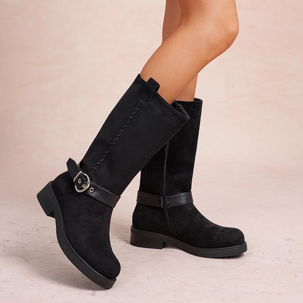 Women's Suede Look Winter Riding Boots | Western Strap & Zip