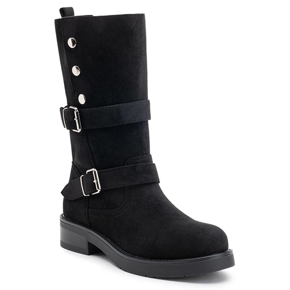 LoudLook Women's Mid Calf Studded Biker Boots