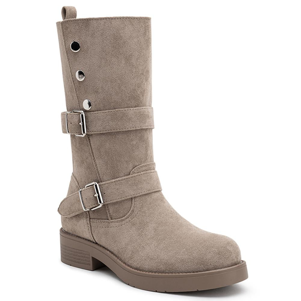 LoudLook Women's Mid Calf Studded Biker Boots