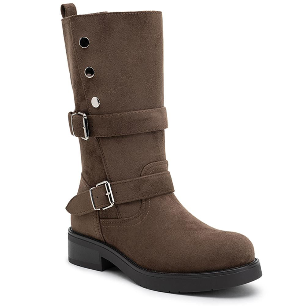 LoudLook Women's Mid Calf Studded Biker Boots