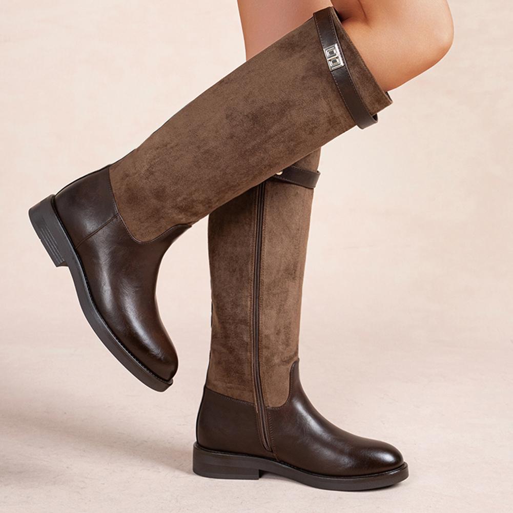 Women's Two-Tone Knee High Riding Boots with Buckle