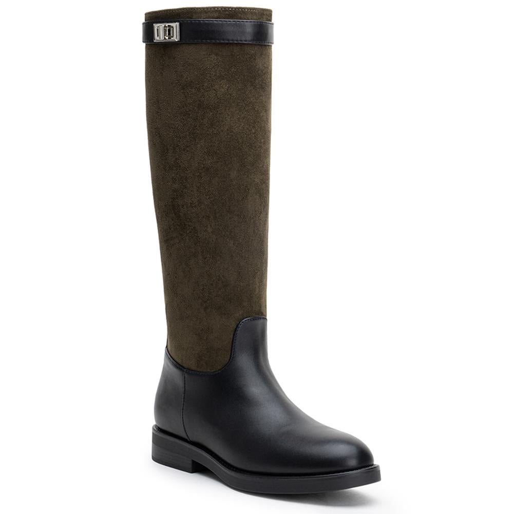 Women's Two-Tone Knee High Riding Boots with Buckle