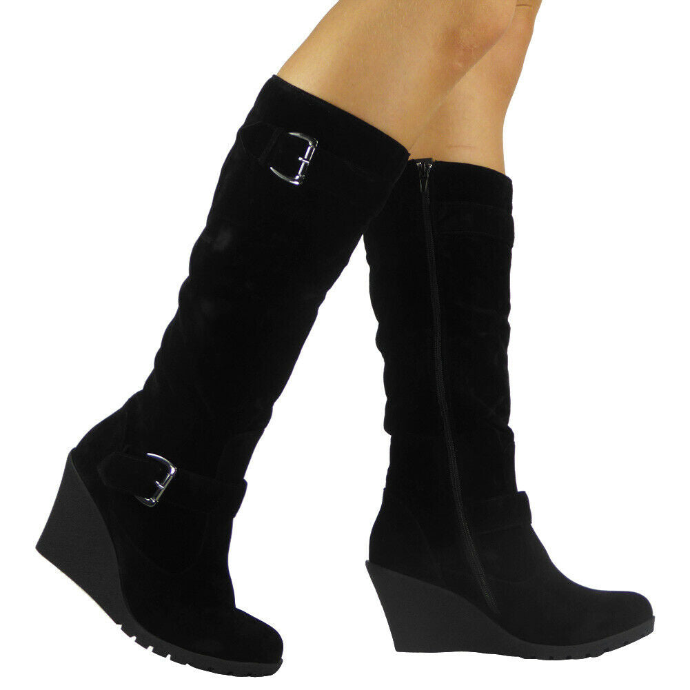 YAFFA Black Suedes Mid Calf Wedge Platform Boots