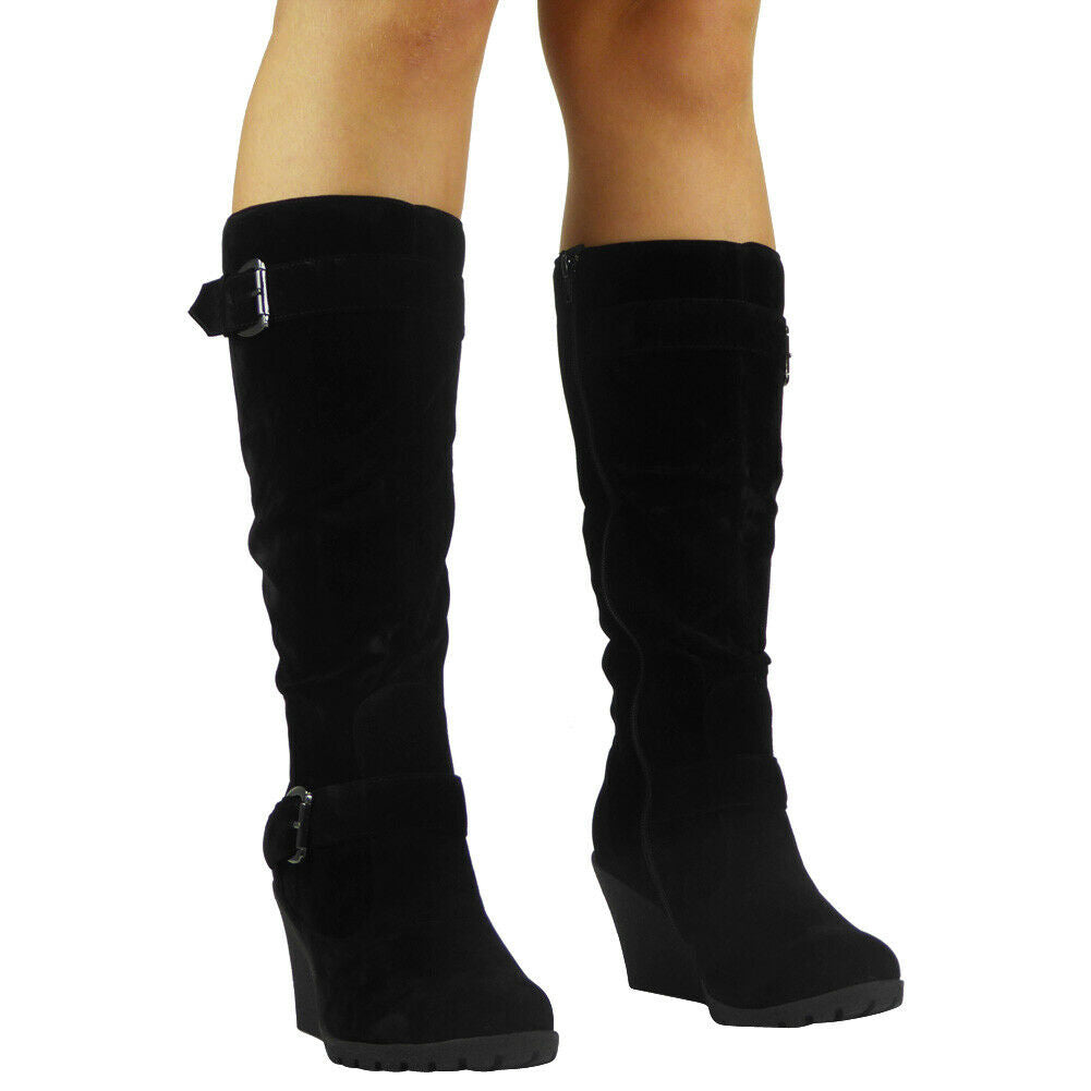 YAFFA Black Suedes Mid Calf Wedge Platform Boots