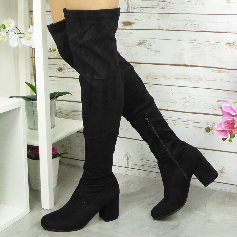 SULLY Black Thigh High Mid Heel Boots