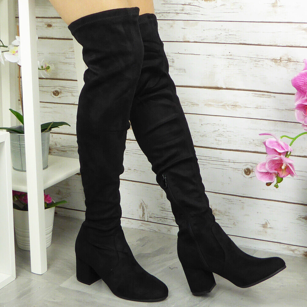 SULLY Black Thigh High Mid Heel Boots
