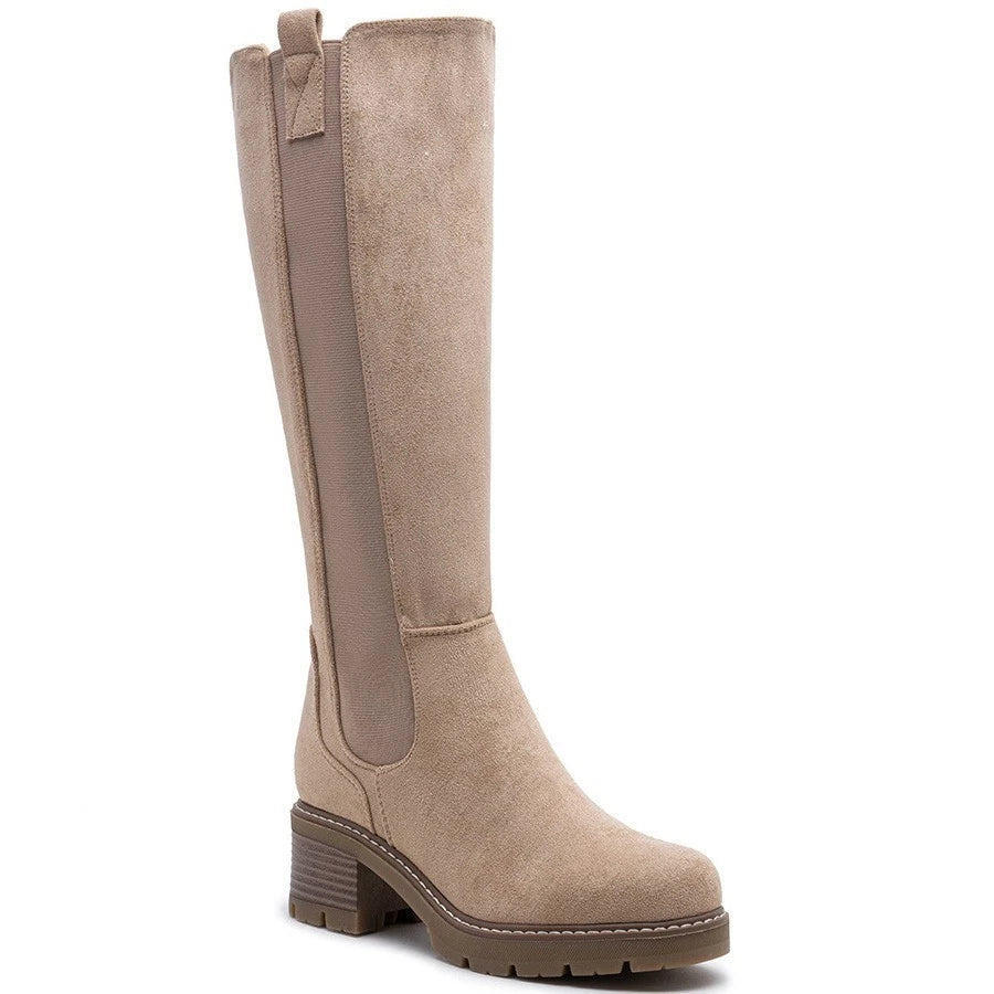 TALIA Khaki Mid Cald Faux Suede Comfy Chunky Heel Boots