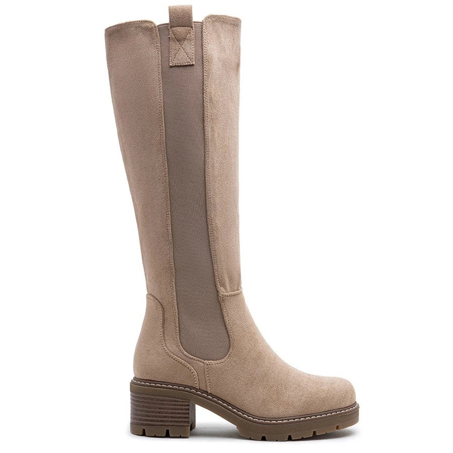 TALIA Khaki Mid Cald Faux Suede Comfy Chunky Heel Boots