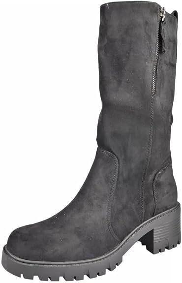 LoudLook Ladies Mid Calf Faux Suede Boots – Chunky Heel, Side Zip, Comfy Casual Winter Grip Shoes, Sizes 3‑8