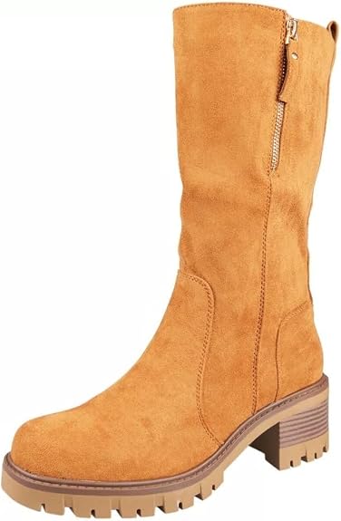 LoudLook Ladies Mid Calf Faux Suede Boots – Chunky Heel, Side Zip, Comfy Casual Winter Grip Shoes, Sizes 3‑8
