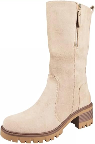 LoudLook Ladies Mid Calf Faux Suede Boots – Chunky Heel, Side Zip, Comfy Casual Winter Grip Shoes, Sizes 3‑8