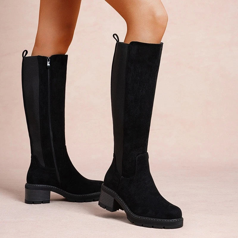 LoudLook Women's Mid-Calf Faux Suede Boots Ladies Chunky Heel Winter Shoes