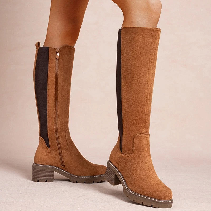 LoudLook Women's Mid-Calf Faux Suede Boots Ladies Chunky Heel Winter Shoes