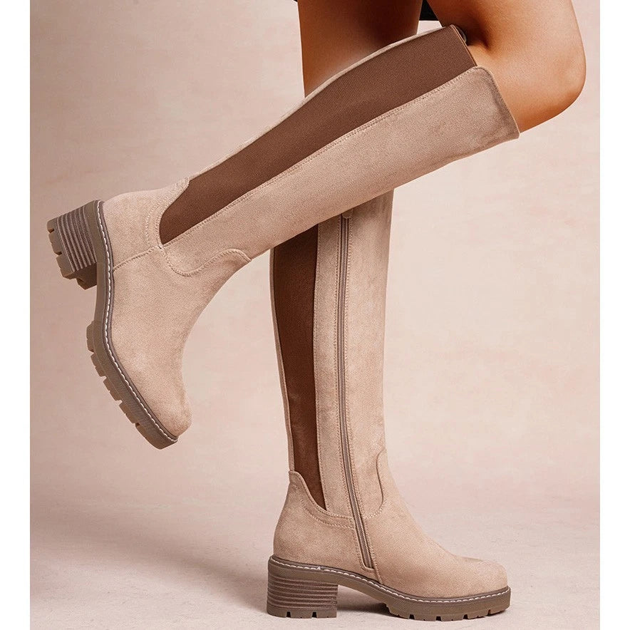 LoudLook Women's Mid-Calf Faux Suede Boots Ladies Chunky Heel Winter Shoes