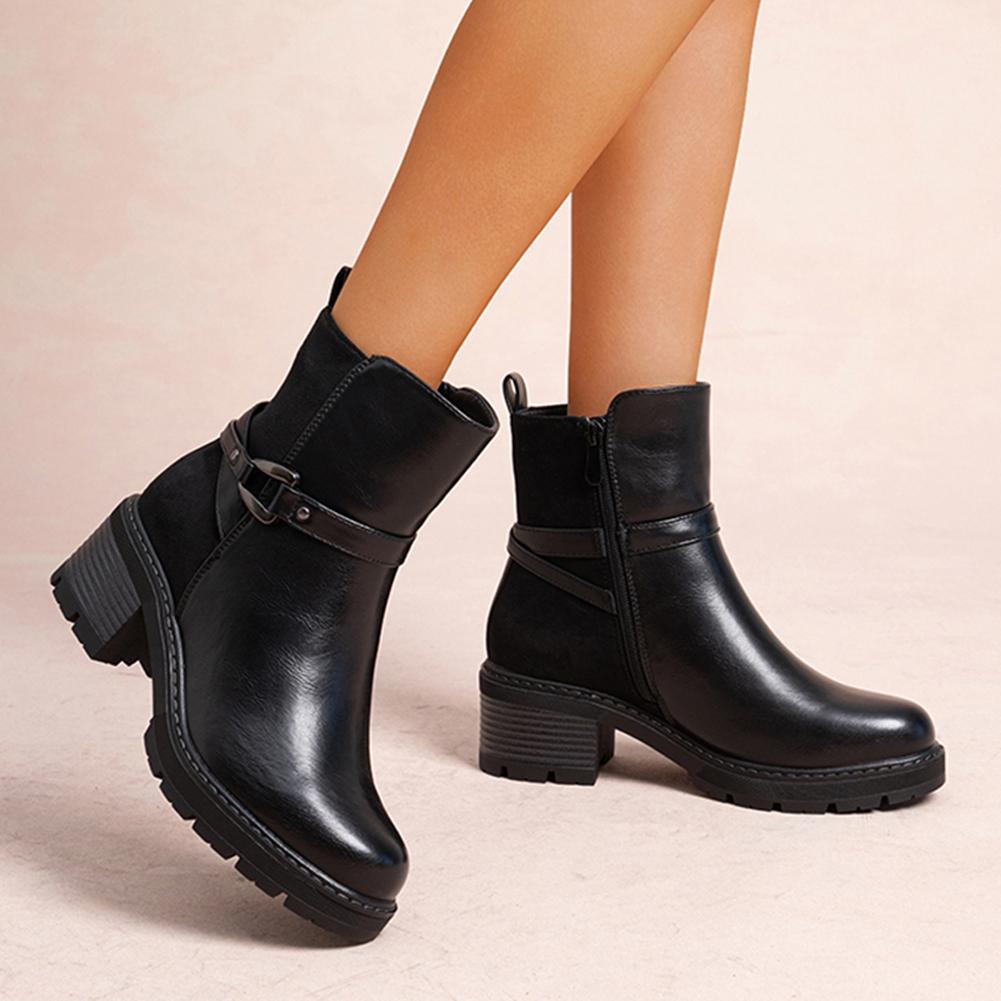 Women's Biker Ankle Boots with Buckle Strap