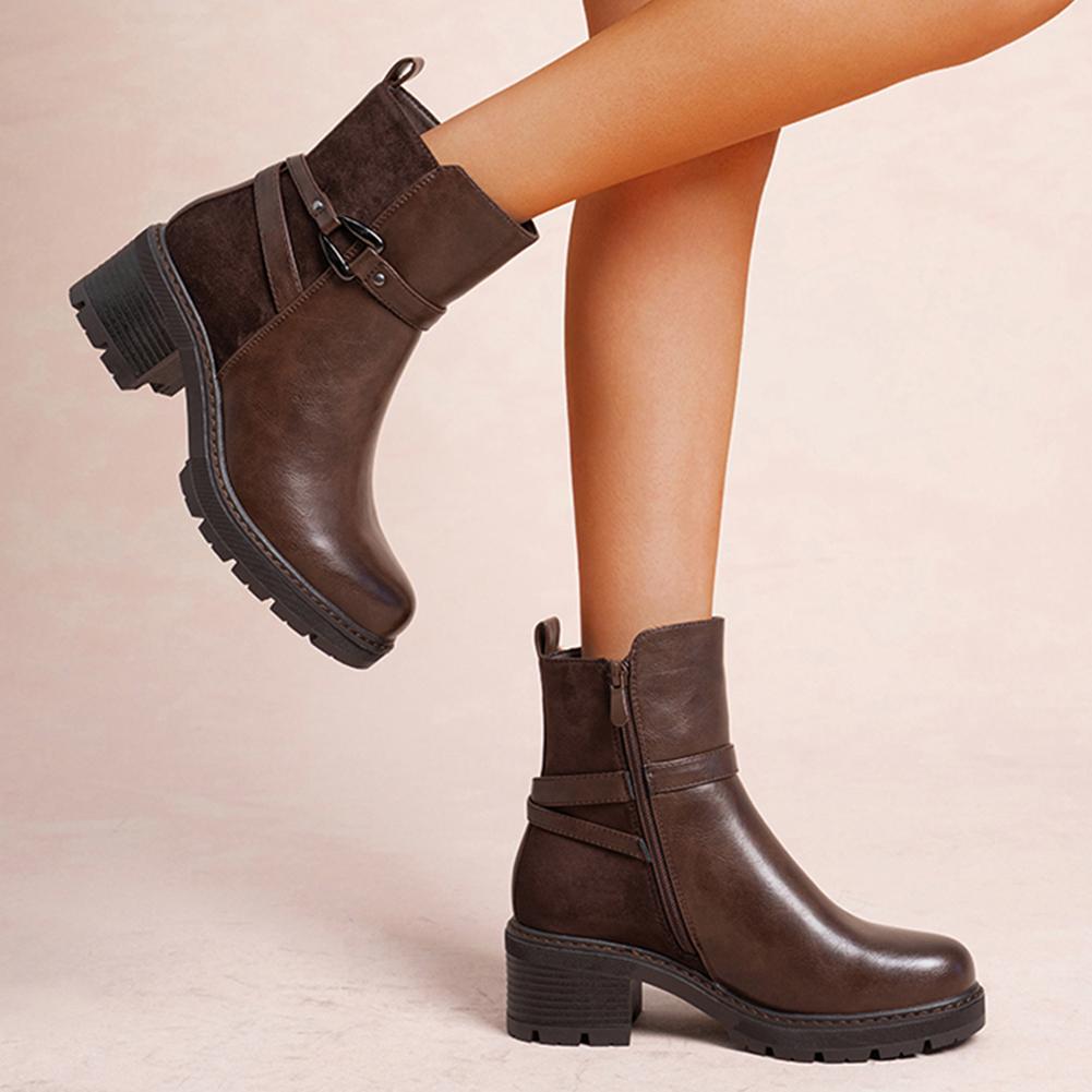 Women's Biker Ankle Boots with Buckle Strap